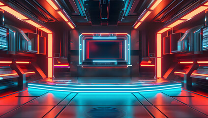 Futuristic neon-lit interior with glowing blue and red lights, featuring a symmetrical and modern design, creating a high-tech ambiance.