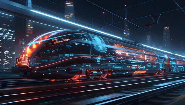 Futuristic high-speed train with neon lights traveling through a technologically advanced cityscape at night.