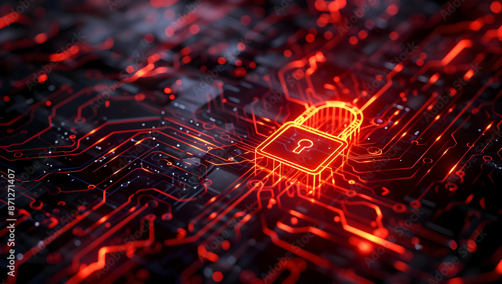 Poster glowing red padlock icon on a digital circuit board, symbolizing cybersecurity and data protection i