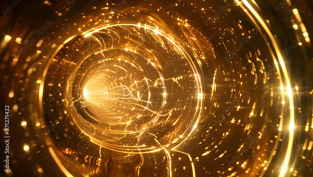 Poster golden abstract light tunnel creating a sense of movement and speed, with a captivating, futuristic 