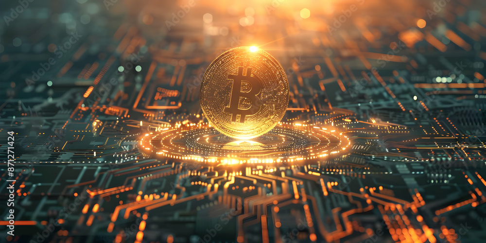 Poster golden bitcoin shines over circuit board, symbolizing the fusion of digital currency and technology.
