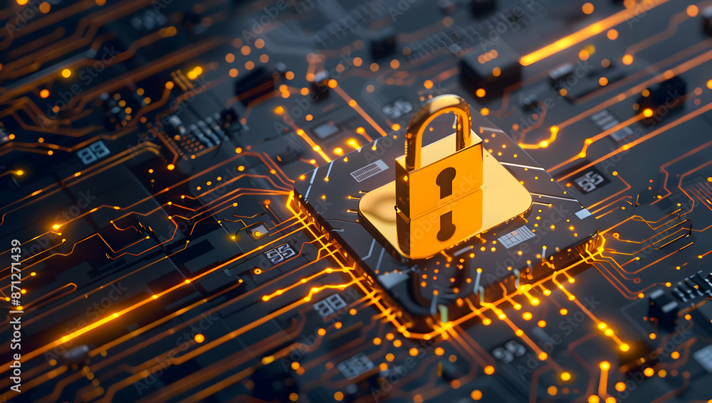 Poster golden padlock on a circuit board symbolizing cybersecurity and data protection in the digital world