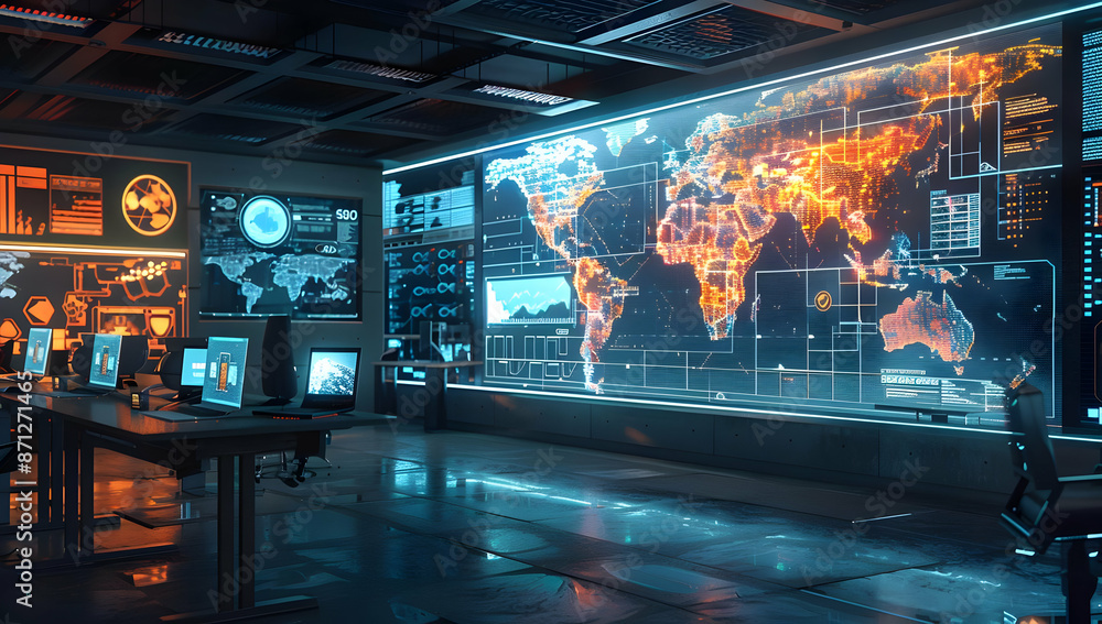 Poster high-tech control room featuring digital world maps and glowing data screens, illustrating advanced 