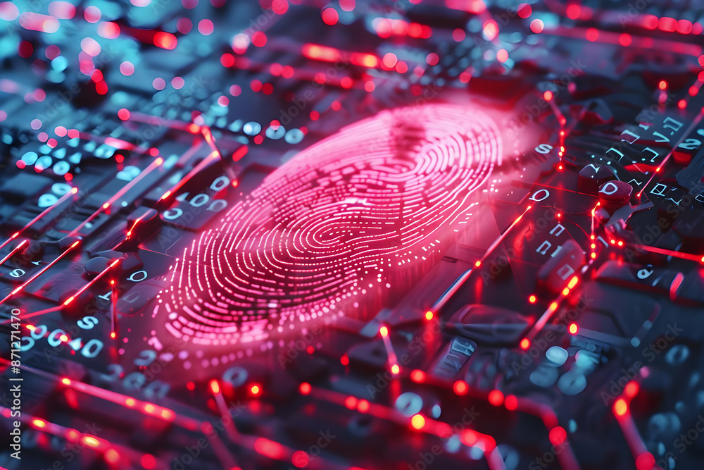 Poster high-tech fingerprint scan on a circuit board representing digital security, biometric identificatio