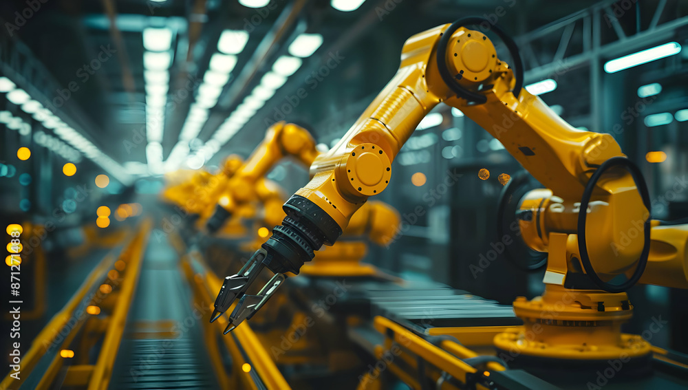 Poster industrial robotic arms operating in a factory assembly line, demonstrating advanced automation and 