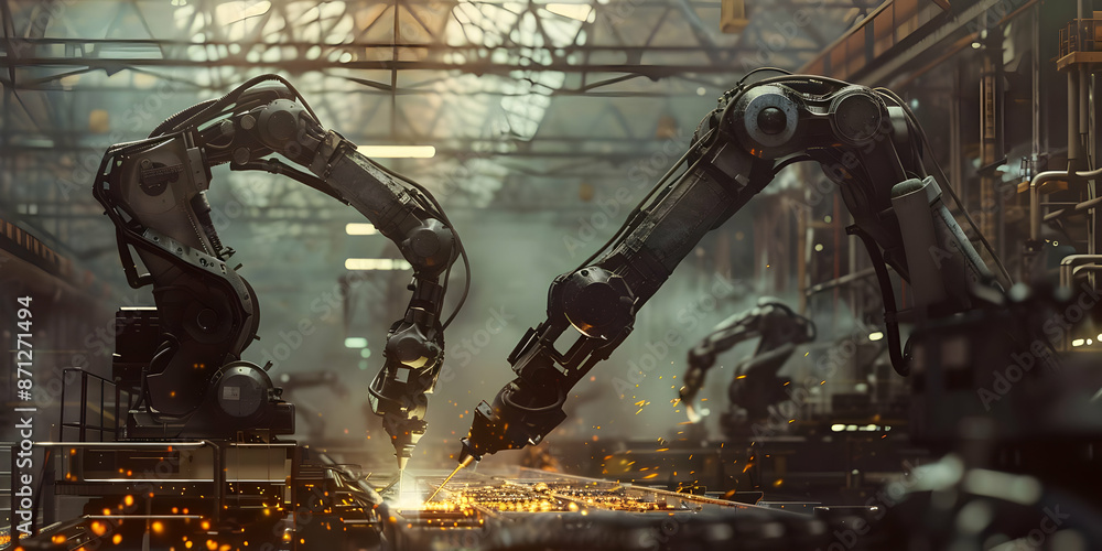 Poster industrial robots in a factory, performing precise tasks and showcasing advanced technology in an au
