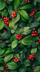 Close-up of green leaves with red berries, nature background. Botanical and greenery concept