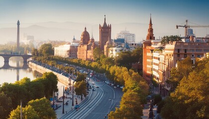 Naklejka premium Scenic View of Zaragoza Cityscape at Sunrise