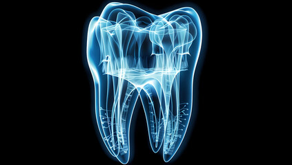 High-resolution dental X-ray image of a tooth, highlighting intricate internal structures and root details, against a black background.