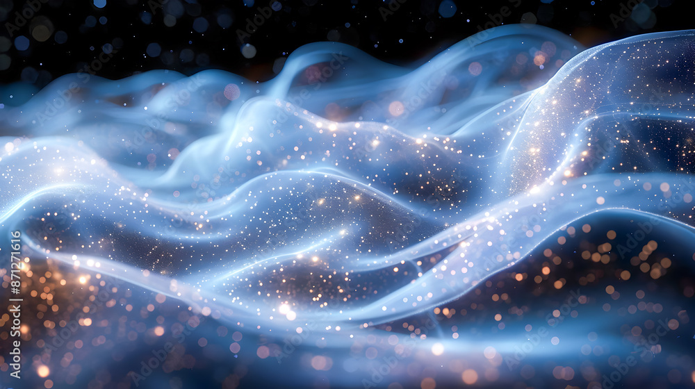 Poster luminescent sinuous fiber optic strands spiraling and converging in a dazzling ethereal display agai