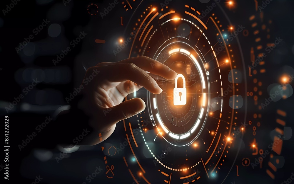 Poster businessman touching a digital padlock icon on a digital pad in the style of data connection technol