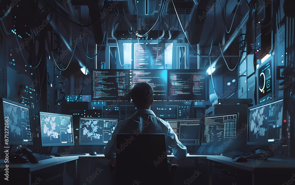 Poster a man is sitting at his desk in front of a computer, working on an interesting project with multiple