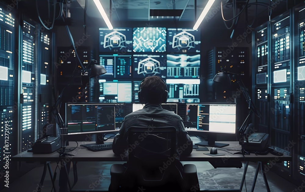 Poster a man is sitting at his desk in front of a computer, working on an interesting project with multiple