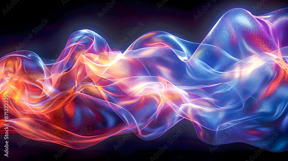 Poster captivating shimmering fiber optic ribbons intertwining in a dynamic hypnotic performance casting an