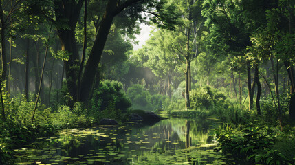 A serene forest scene with a calm river reflecting lush green trees, showcasing the peacefulness and tranquility of nature.
