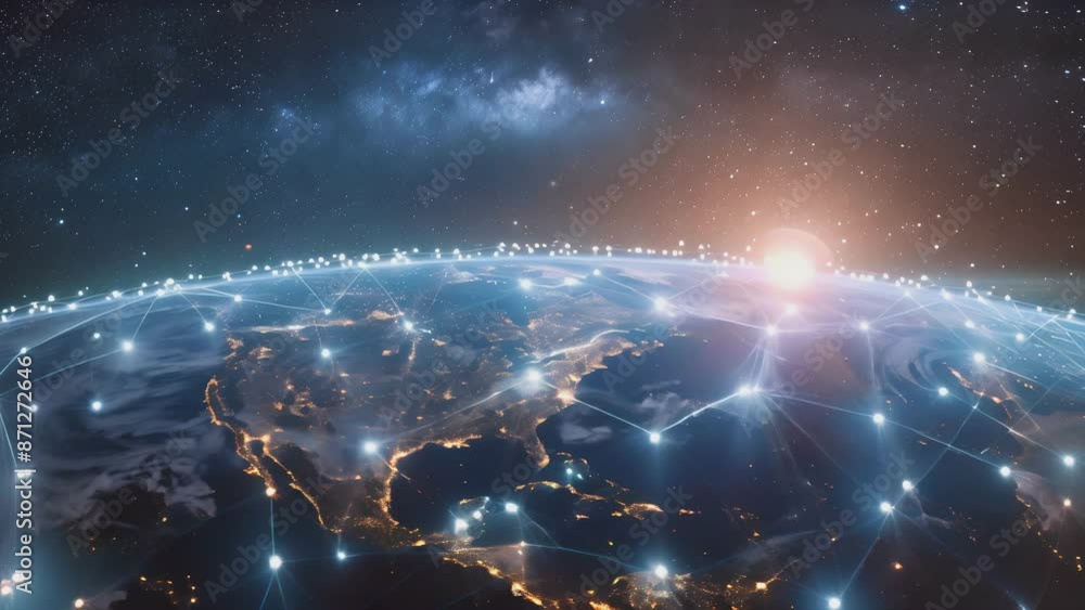 Fototapete planet with a network of lines connecting it to other planets. connections system and global datas e