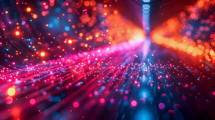 Fototapeta premium Mesmerizing neon like fiber optic rays slicing through the darkness creating a captivating futuristic visual experience Vibrant colors dynamic motion and a shimmering