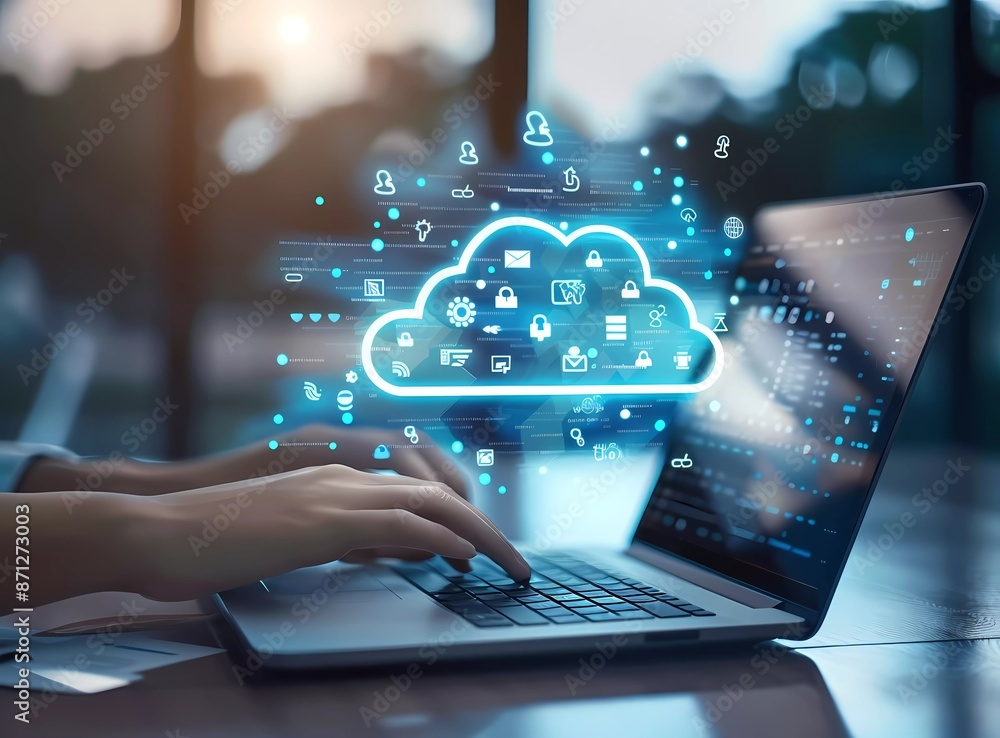 Poster hands typing on laptop with cloud technology icon, in digital online concept background with woman f
