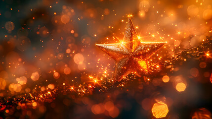 Luminous golden star with flickering energy sparks illuminating a hazy blurred bokeh space setting  Mysterious cosmic background with glowing shimmering orbs creating a dazzling
