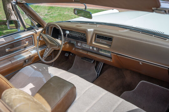 Dashboard and steering wheel - interior of luxury full-size classic american automobile -  Cadillac De Ville Convertible 1968 (third generation 1965&ndash;1970) - Palic, Serbia, 30.06.2024