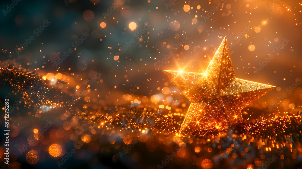 Poster mesmerizing image of a shimmering golden star with sparkling celestial particles ethereal bokeh high