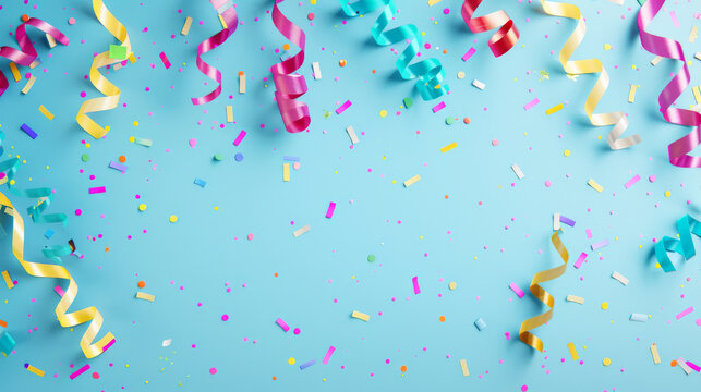 Colorful ribbons and confetti soar over a light blue background, evoking celebration, joy, and festive cheer.