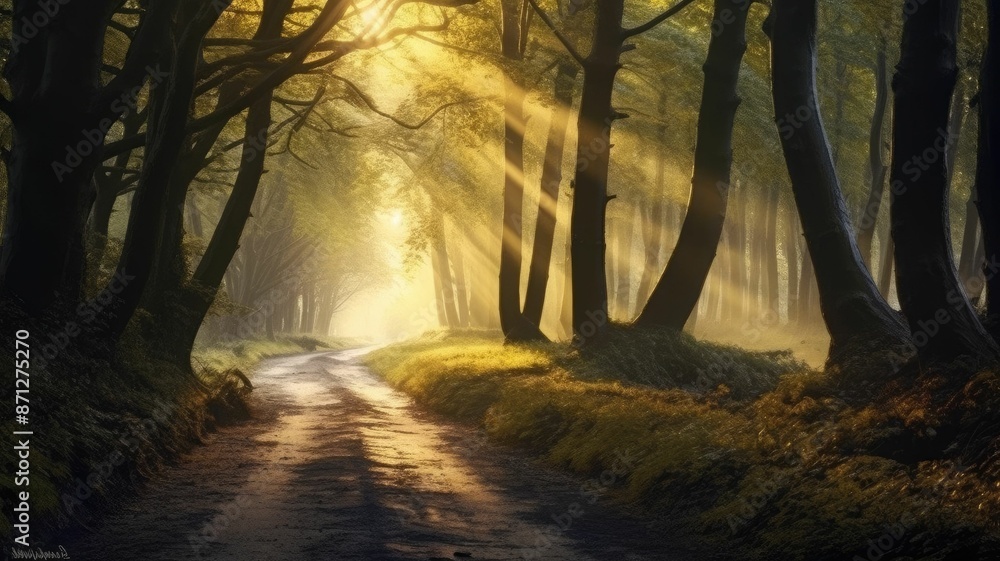 Poster enchanting forest pathway with beams of sunlight filtering through the trees, creating a mystical at