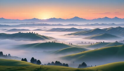 Fototapeta premium Dawn light illuminating a range of rolling hills and distant mountains, with a sea of fog in the valleys.