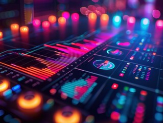 Obraz premium Abstract futuristic technology interface with colorful data visualization and glowing lights.