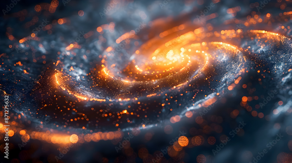 Poster mesmerizing cosmic swirl of incandescent particles and shimmering spheres of light cascading through
