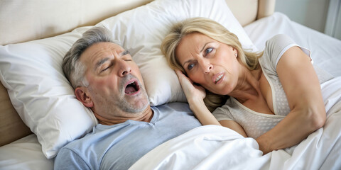 Fototapeta premium The problem of male snoring, apnea. Sound men's sleep. A man is sleeping in bed.