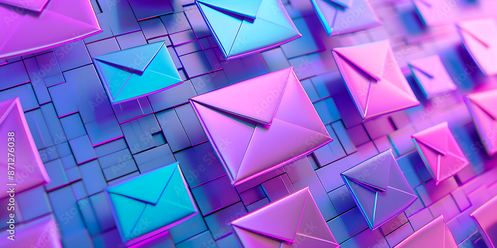Poster 3d illustration of various blue and purple envelopes in the shape of a pattern. concept of various m