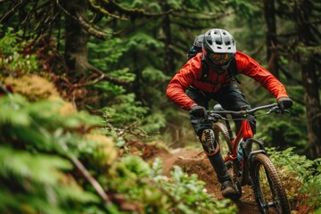 Fototapeta premium An adventurous mountain biker navigates through a dense, lush forest trail, showcasing the thrill and challenge of off-road cycling.