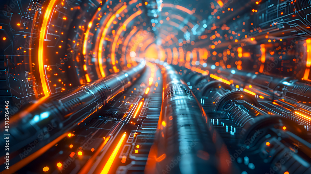 Poster cinematic rendering of the exposed internal structure of a high speed data cable showcasing luminous