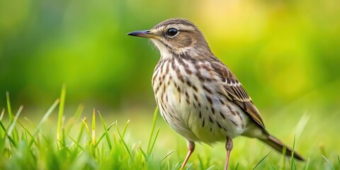 Water pipit, Anthus spinoletta standing on lush green grass background, water pipit, Anthus spinoletta, bird, wildlife