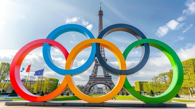 Blurred eiffel tower silhouette behind iconic olympic rings in visually striking composition