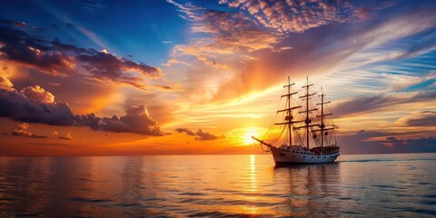 Fototapeta premium Ship sailing on the calm sea with a beautiful sunset in the background, ship, sea, ocean, water, voyage, journey