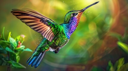 Fototapeta premium Flying hummingbird with green forest in background. Small colorful bird in flight