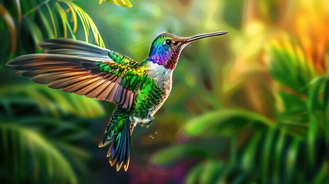 Flying hummingbird with green forest in background. Small colorful bird in flight