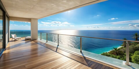 Fototapeta premium Scenic view of the sea from a luxurious balcony, ocean, waves, horizon, vacation, travel, relaxation, summer, paradise