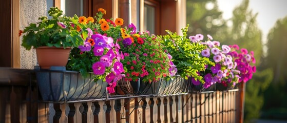 Plants and flowers in pots hanging from a condominium balcony in the style of a realistic photo