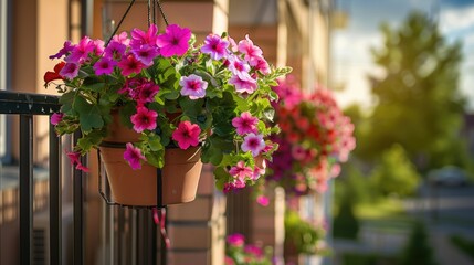 Plants and flowers in pots hanging from a condominium balcony in the style of a realistic photo