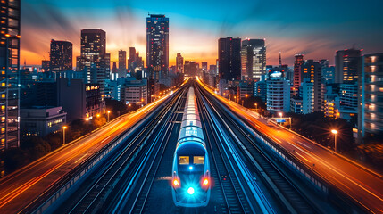 Naklejka premium Futuristic metropolis illuminated by magnetohydrodynamic trains gliding through the city programmable matter facades adapting to environmental conditions