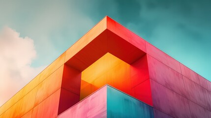 Abstract architectural design with vibrant colors and geometric shapes against a blue sky.