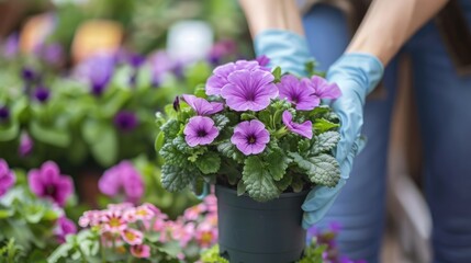 Gardener hands taking pot with blooming flowers for home gardening. Preparation houseplants for spring