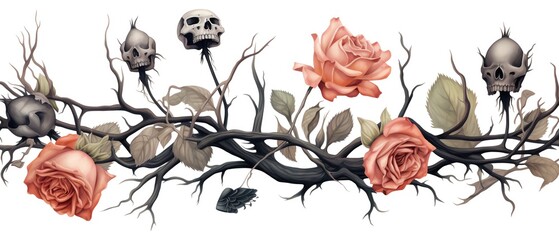 Surreal illustration of skulls and roses intertwined with thorns, blending beauty and macabre elements in a striking piece of art.