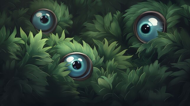 Three cartoonish eyes peer through lush green leaves, creating a mysterious and whimsical scene. Perfect for fantasy or quirky designs.