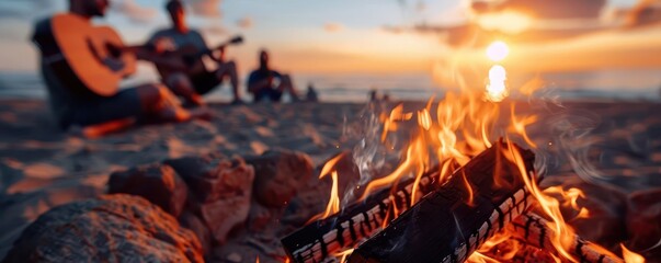Group of friends enjoying a bonfire party on the beach at sunset