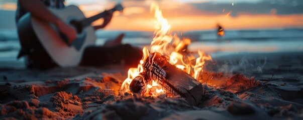 Group of friends enjoying a bonfire party on the beach at sunset