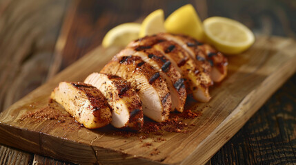 Slices of perfectly grilled chicken breast garnished with lemon wedges, artistically arranged on a dark rustic wooden board.